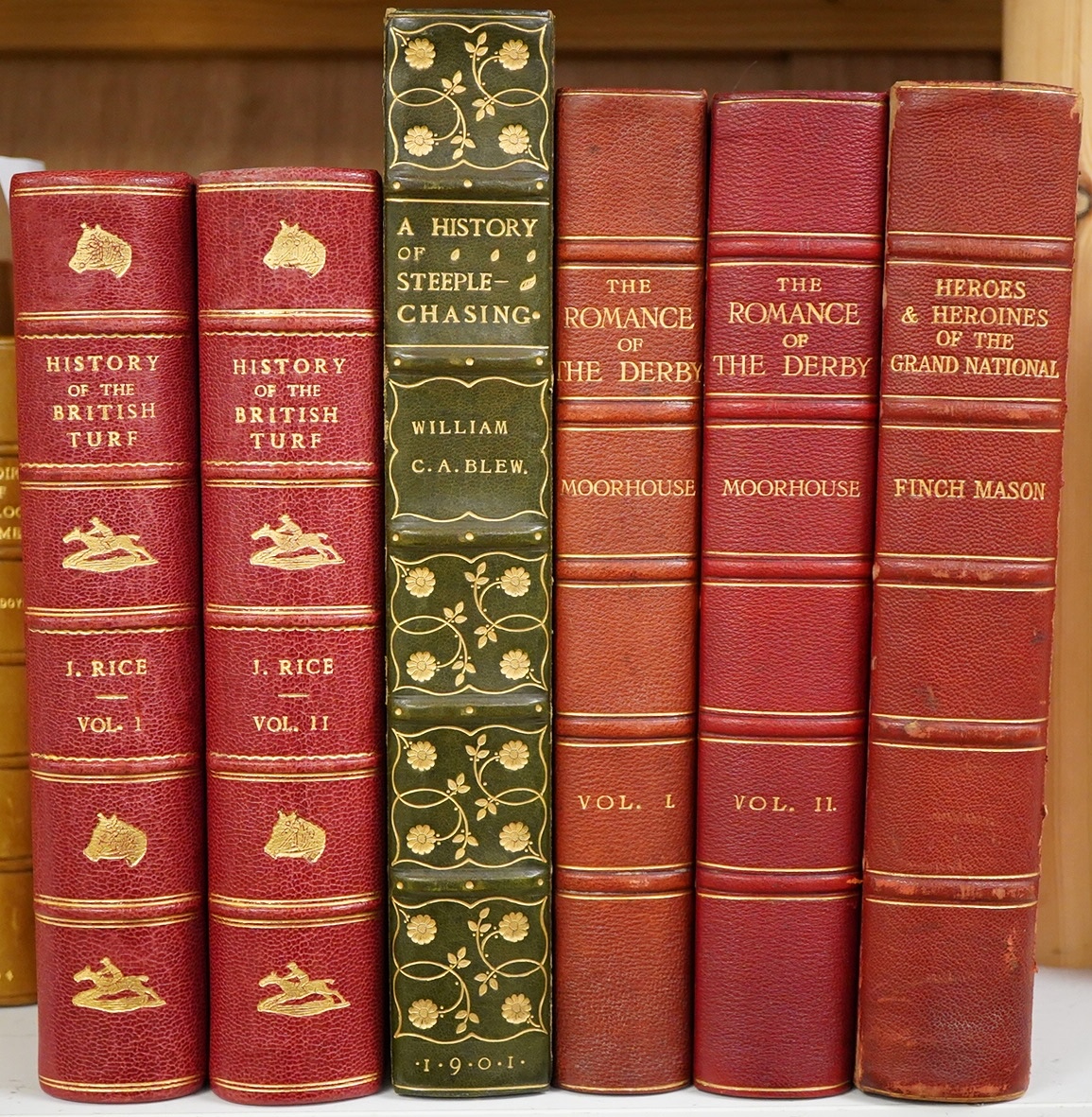 Rice, James - History of the British Turf ... 2 vols. frontispieces. rebound red morocco, gilt pictorial panelled spines, retaining the original gilt and pictorial upper covers (appropriately mounted), marbled e/ps., med